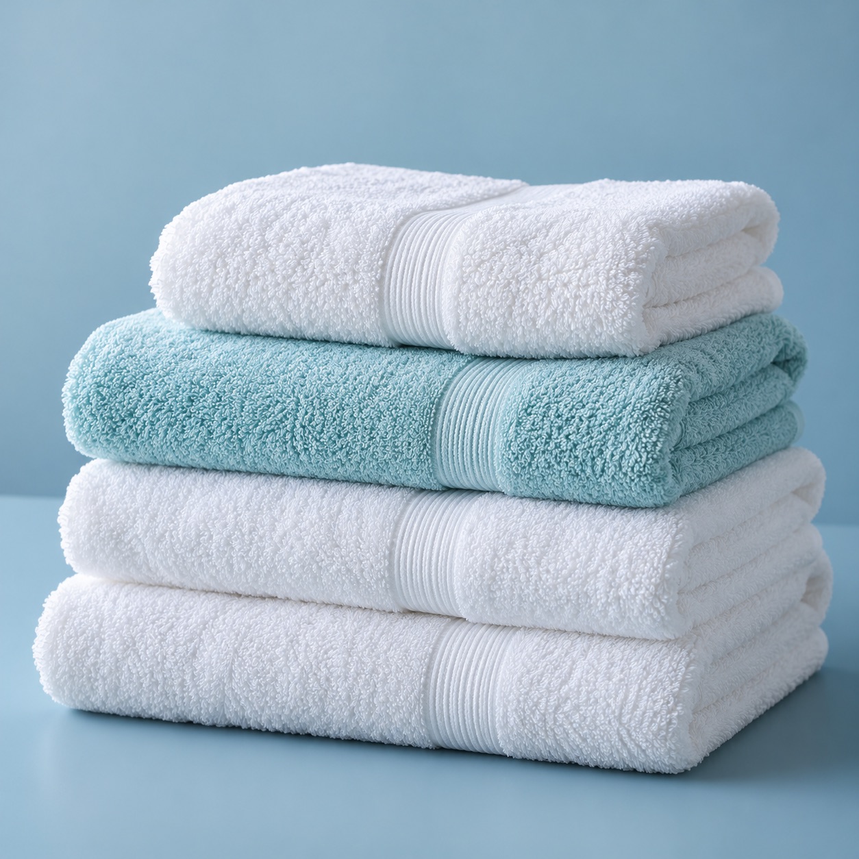A neatly folded stack of white and aqua towels — illustrative textile image